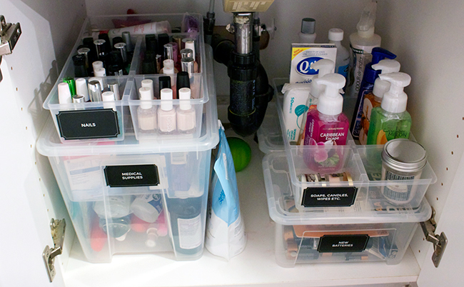 Under the Kitchen Sink Organization with Dollar Store Bins