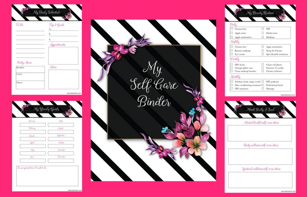 Self Care Binder Free Printables. Printables for your mental, physical, and spiritual self care. Daily schedule, yearly goals, weekly meal plan. beauty routine, and mind body and soul self care ideas. #freeprintables #selfcarebinder #beautybinder